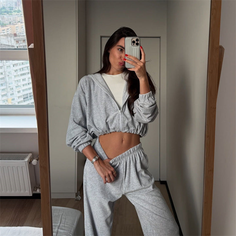 Damen Cropped Sweatshirt Set mit hoher Jogginghose