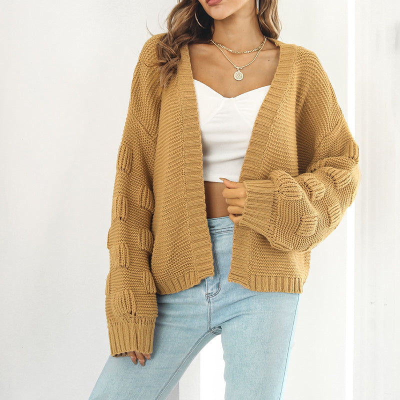 Damen Grobstrick Cardigan Voluminöse Ärmel Offene Front