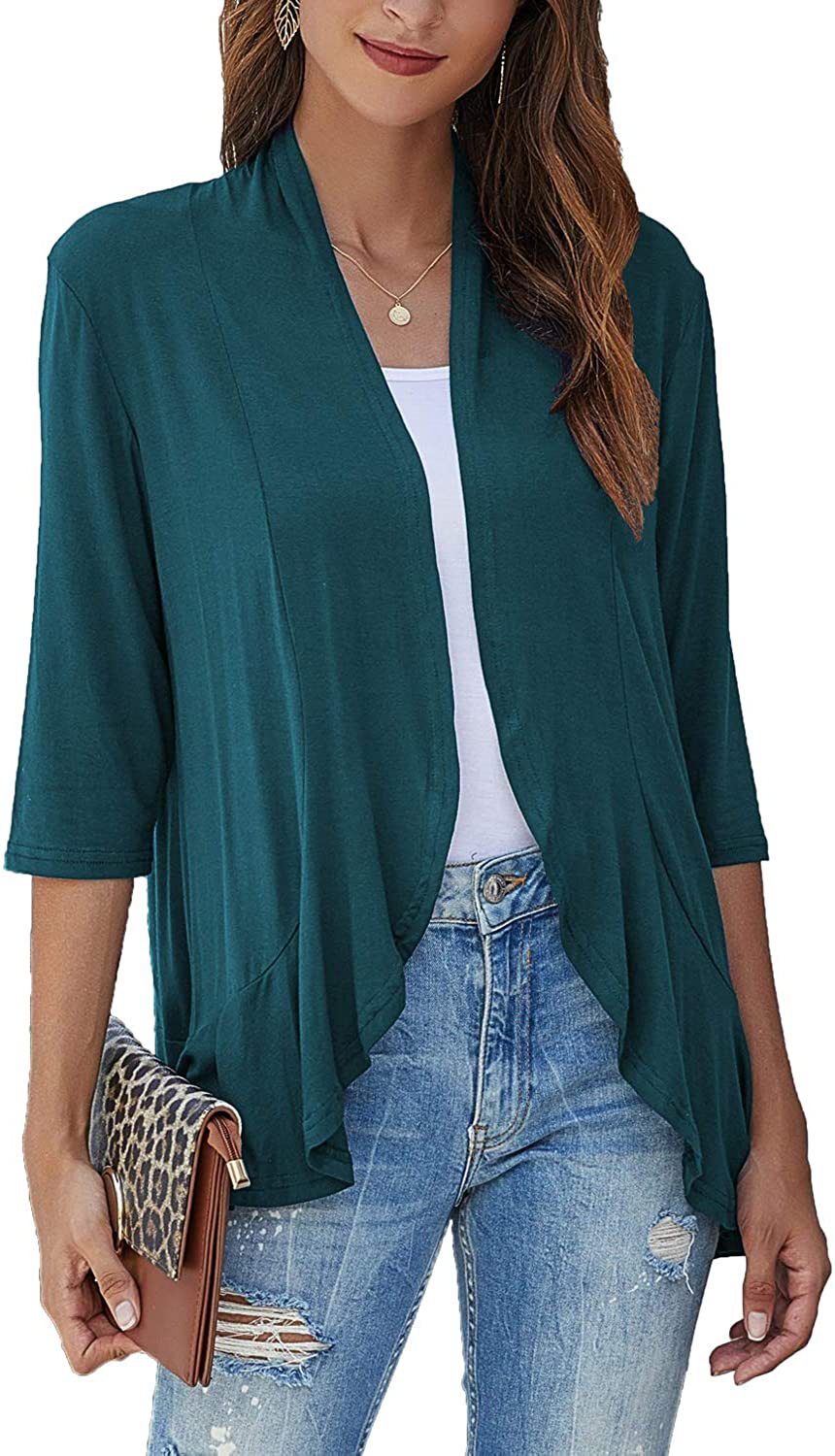 Eveloria Damen Strickjacke Einfarbig 7/8 Ärmel Rüschenrand