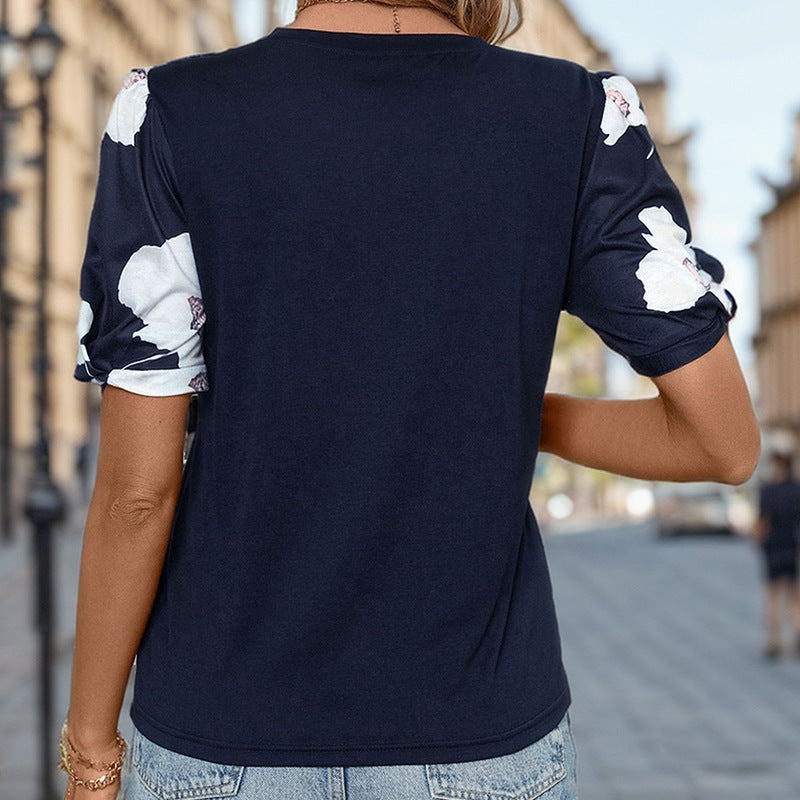Damen Kurzarmshirt Puffärmel Floralmuster Bestickung