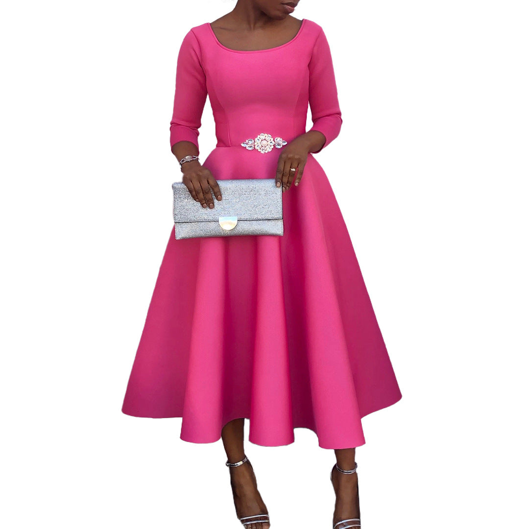 Damen A-Linien Kleid Rundhalsausschnitt schwingender Rock Eveloria