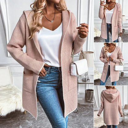 Damen Strickmantel Kapuze Taschen Grau Eveloria - Eveloria
