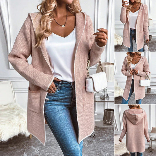 Damen Strickmantel Kapuze Taschen Grau Eveloria - Eveloria