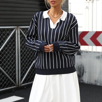 Damen Sportpullover Kontraststreifen Klassischer Kragen Eveloria - Eveloria