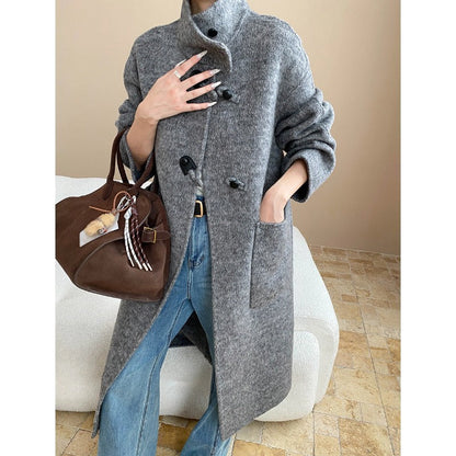 Damen Wollmantel Asymmetrischer Kragen Vintage Knöpfe