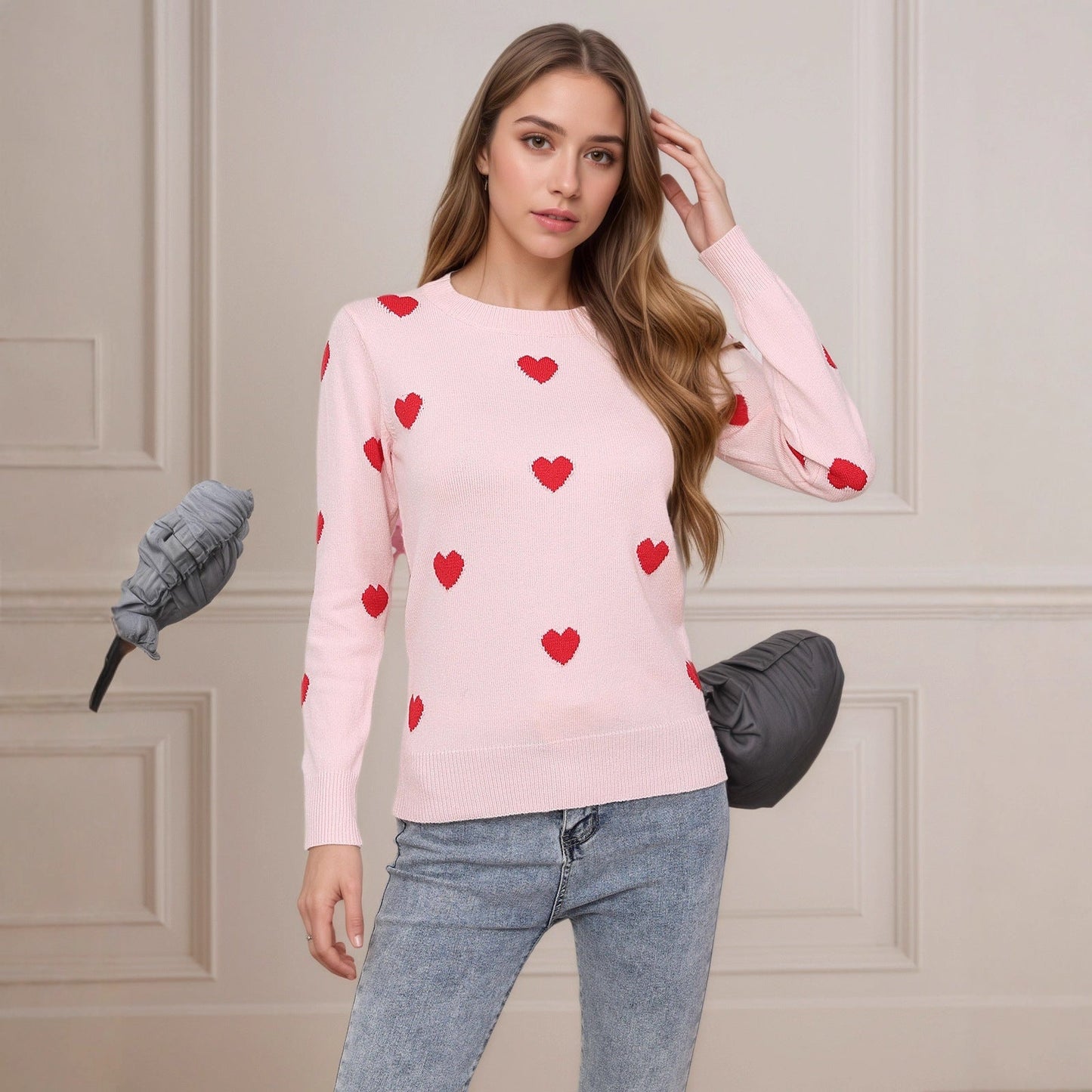 Damen Strickpullover Herz-Design Feine Struktur
