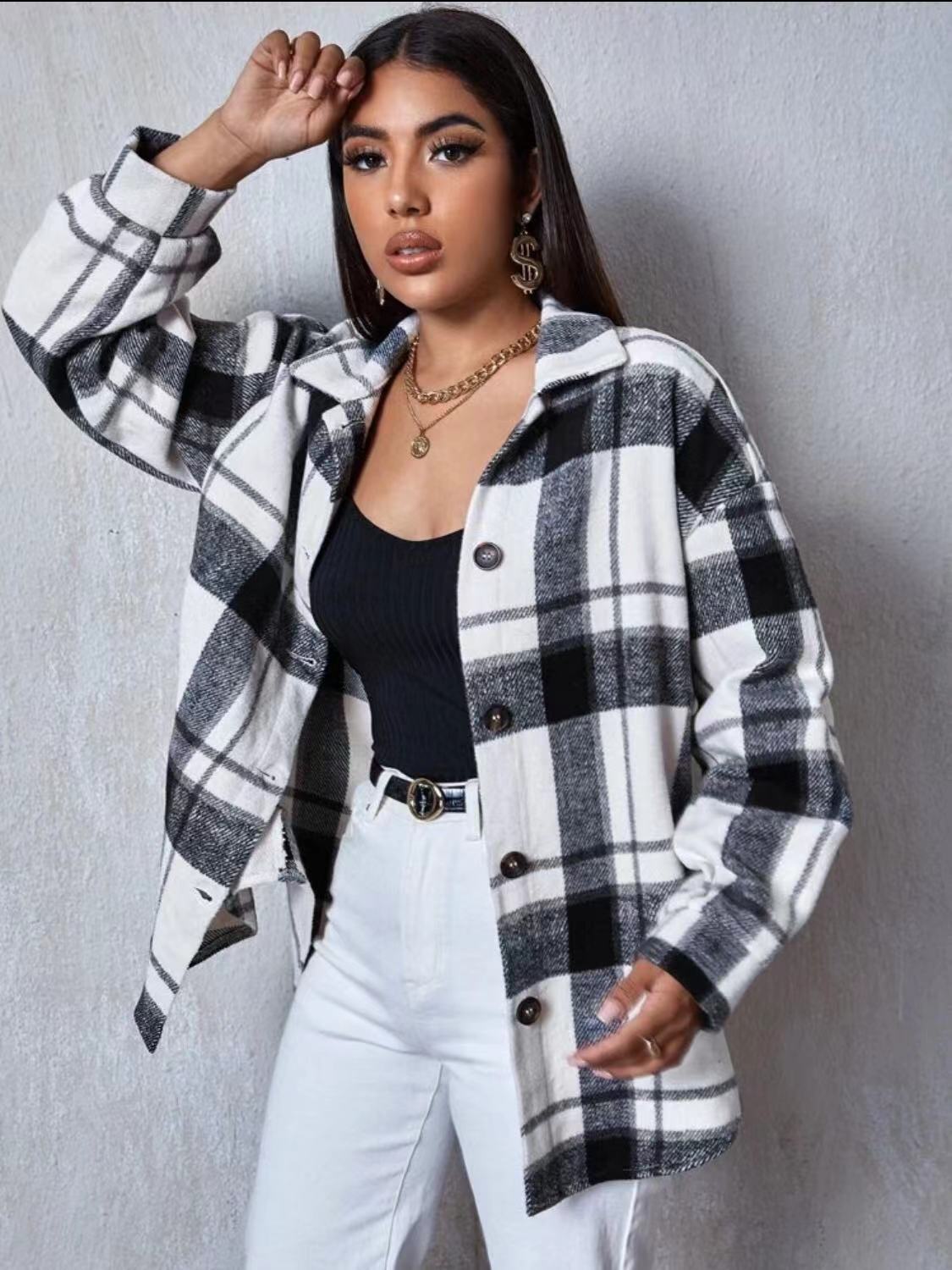 Damen Hemdjacke Karo Weiches Fleece Lässiger Schnitt - Eveloria