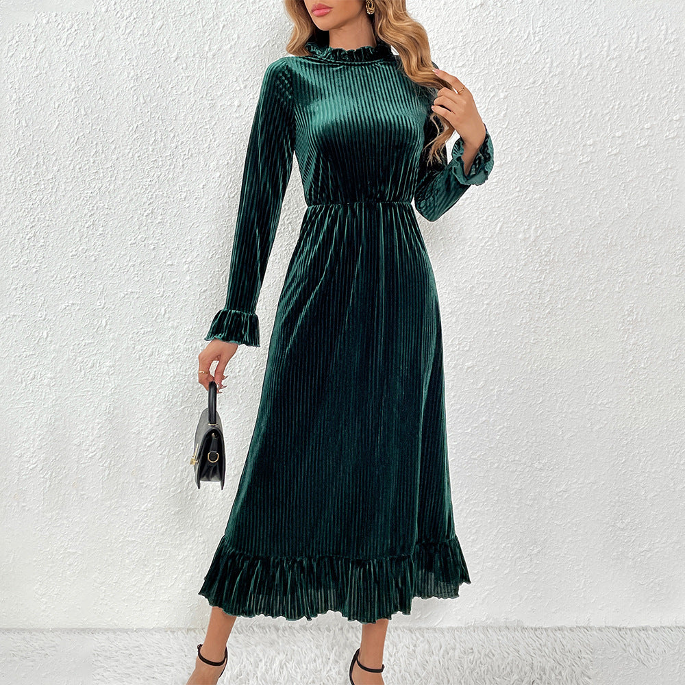 Damen Langarm-Wickelkleid Samt Rüschendetails Eveloria