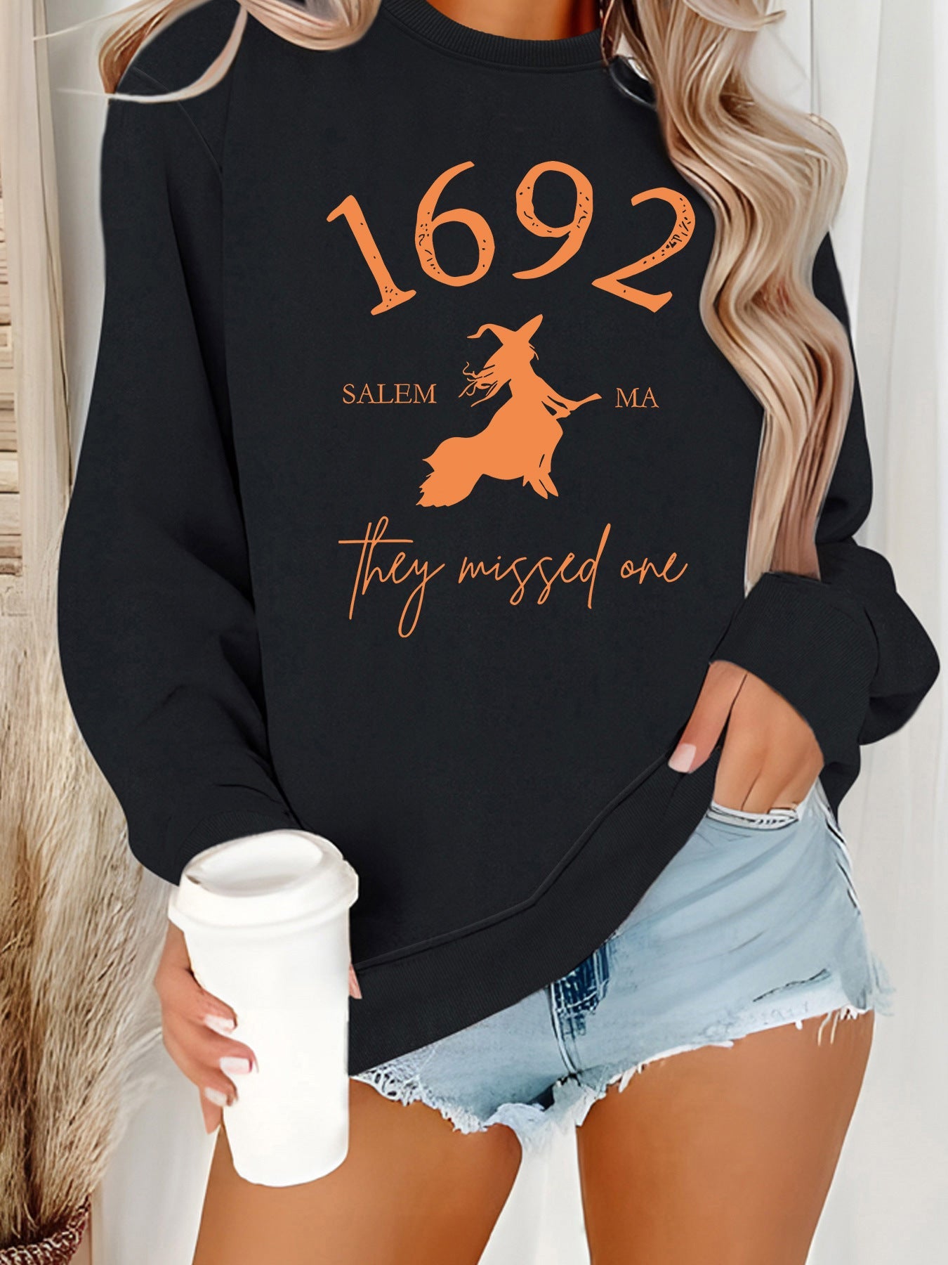 Damen Sweatshirt Witch-Motiv Baumwolle Gemütlich Grau