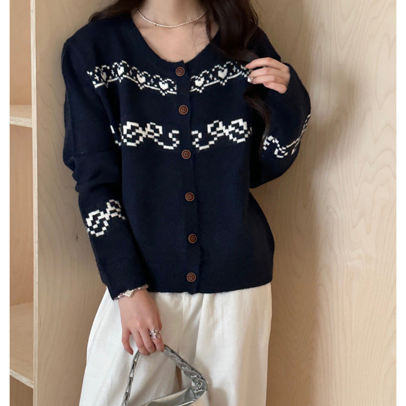 Damen Strickcardigan Holzknöpfe Traditionelle Muster Beige