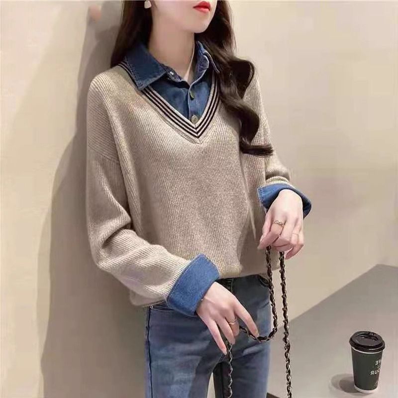 Damen Strickpullover Hemdkragen Lässig Eveloria
