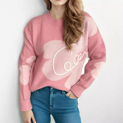 Damen Strickpullover Weich Florales Design Beige