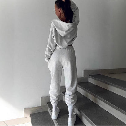 Damen Sportliches Kapuzen-Set Cropped Oberteil Jogginghosen