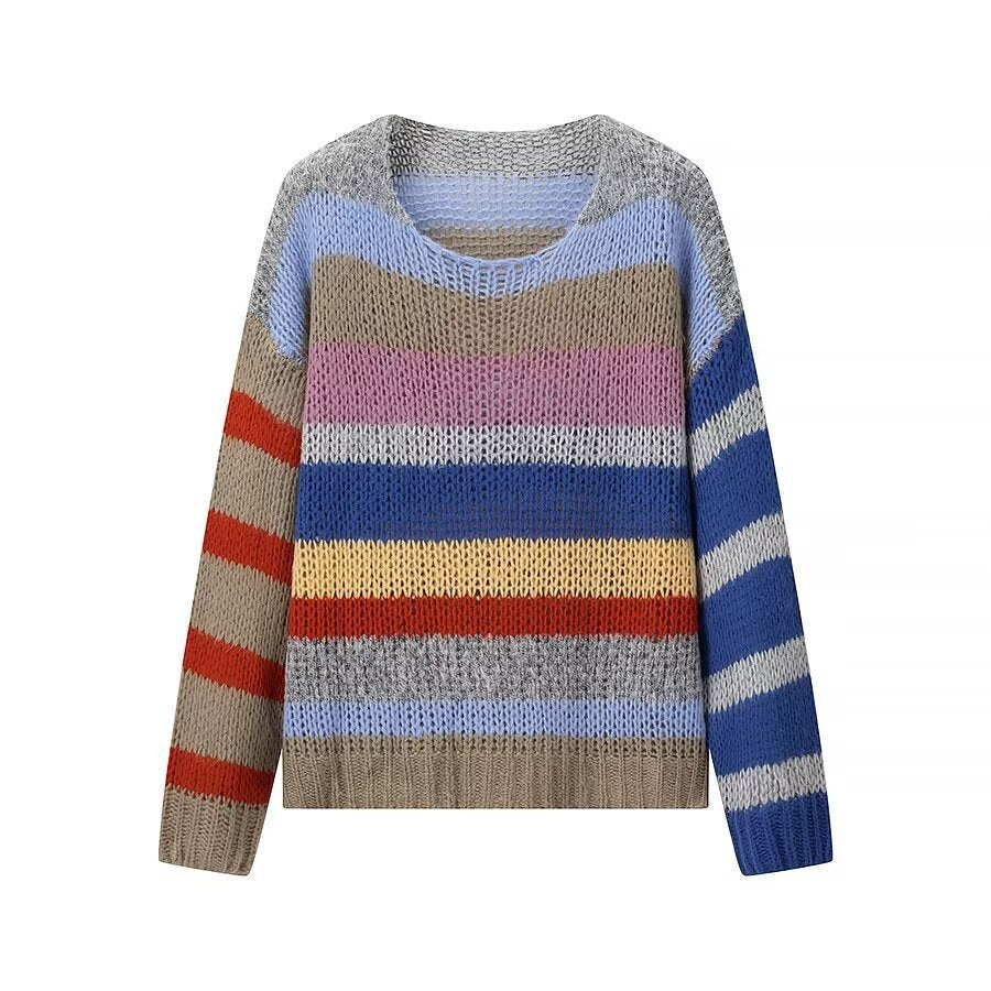 Damen Strickpullover Bunt Streifenmuster Luftig