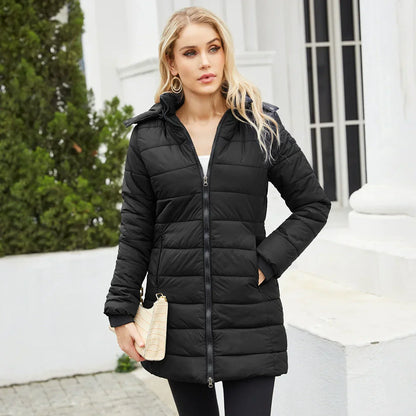 Damen Pufferjacke Steppdesign Mittellang Abnehmbare Kapuze Schwarz - Eveloria