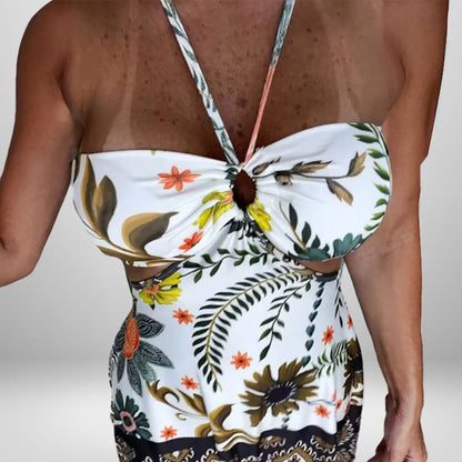 Damen Sommerkleid Floralmuster Cut-Out Ausschnitt
