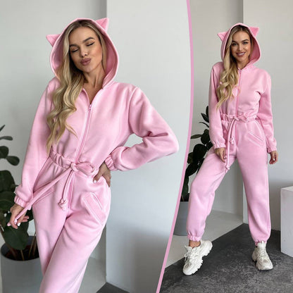 Damen Jumpsuit Kuschelig Känguru-Taschen Tierohren Grau