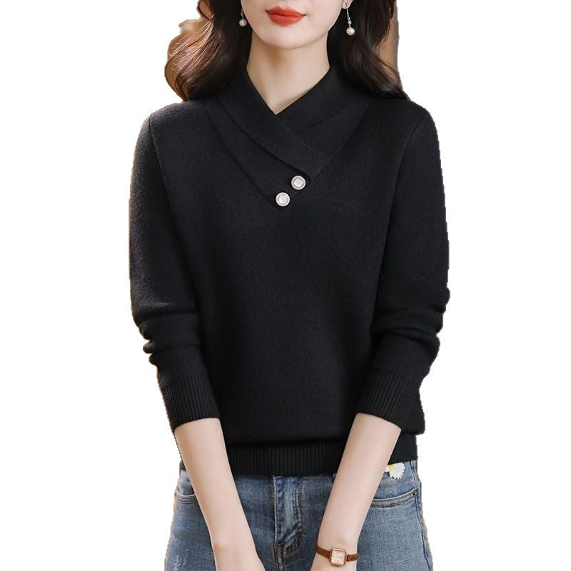 Damen Strickpullover V-Ausschnitt Dekorativer Knopf Detail Grau
