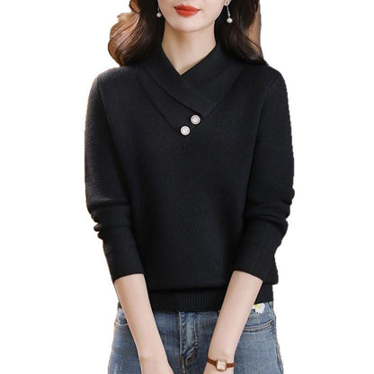 Damen Strickpullover V-Ausschnitt Dekorativer Knopf Detail Grau