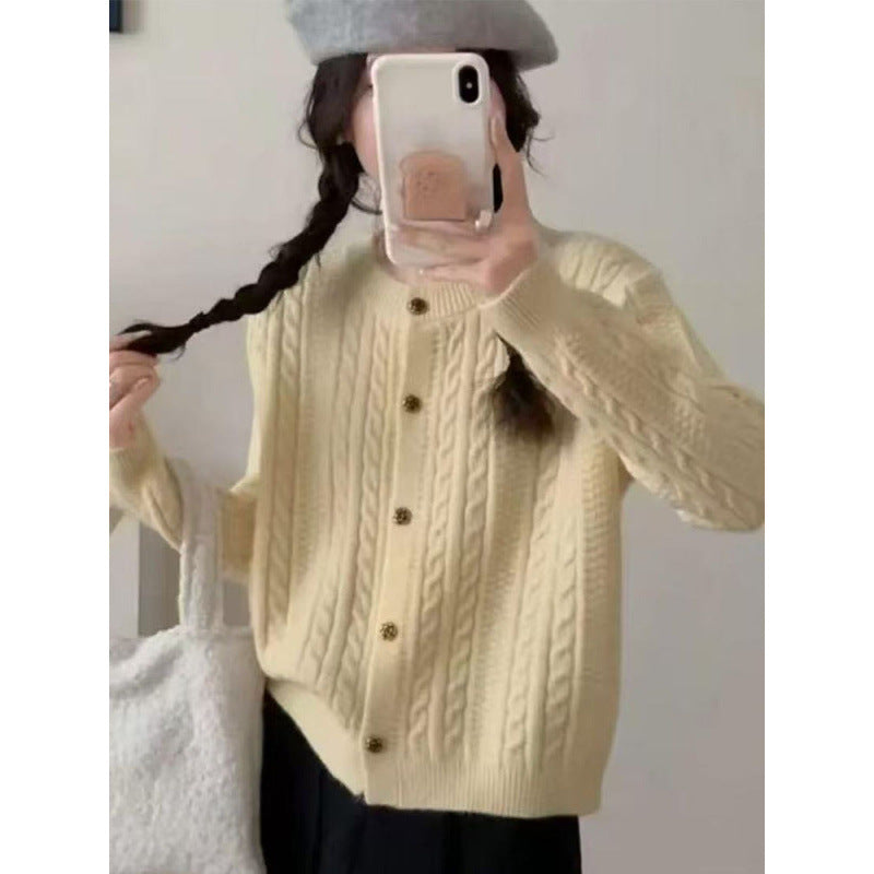 Damen Strickjacke Zopfmuster Dekorative Knöpfe Eveloria