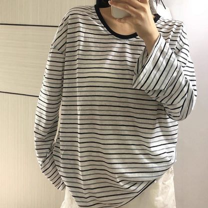 Damen Oversized Langarmshirt Streifen Weite Ärmel weiß