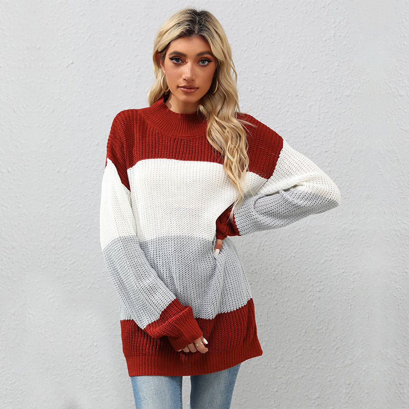 Damen Strickpullover Hoher Kragen Blockstreifen Eveloria - Eveloria
