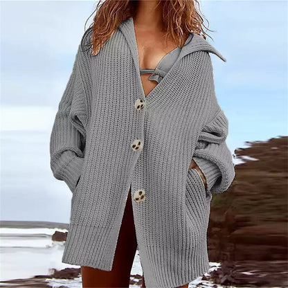 Damen Grobstrickjacke Modern Reverskragen Dekorative Knöpfe Eveloria