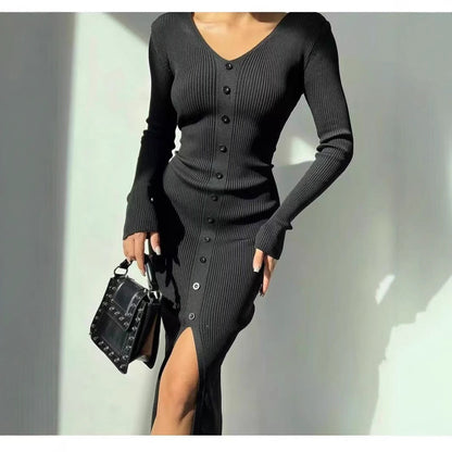 Damen Strickkleid Hochknöpfe Tiefes V Eveloria