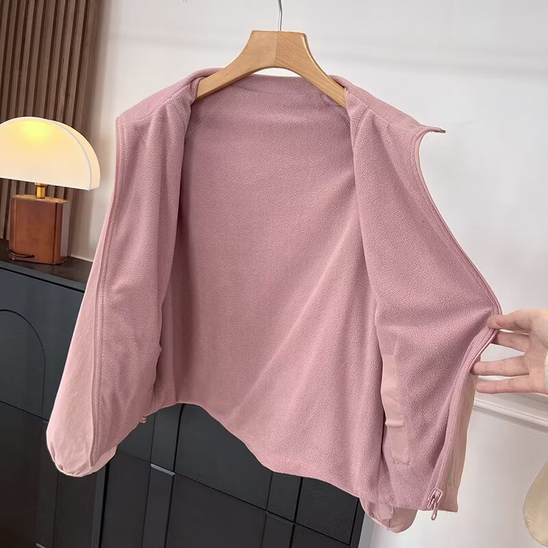 Damen Fleecejacke Hochkragen Eingrifftaschen Kuschelig