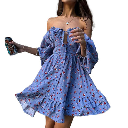 Damen Minikleid Schulterfrei Rüschen Saum Eveloria