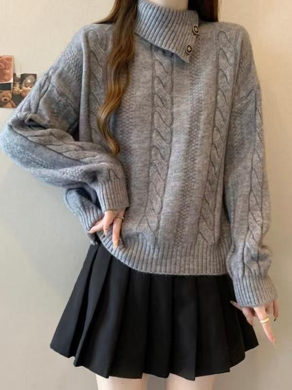 Damen Grobstrickpullover Hochgeschlossener Kragen Knöpfe Beige