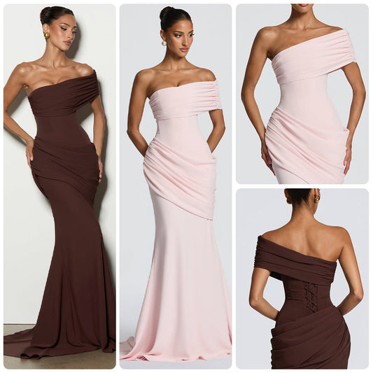 Damen Abendkleid Schulterfrei mit Drapierungen und fließendem Schnitt - Eveloria