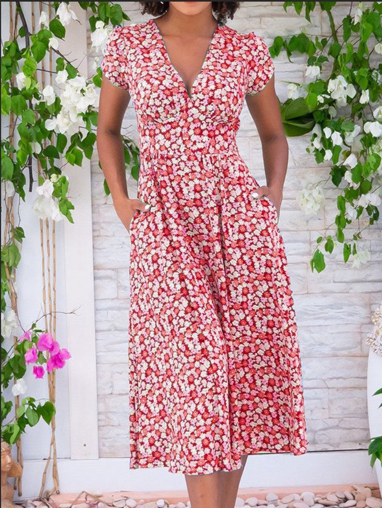 Geblümtes Damenkleid V-Ausschnitt Kurzärmelig Sommerkleid