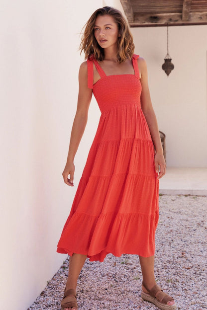 Damen Maxikleid Luftig Rüschendetails Spaghettiträger Eveloria