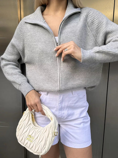 Damen Grobstrickpullover Hochkragen Reißverschluss Beige