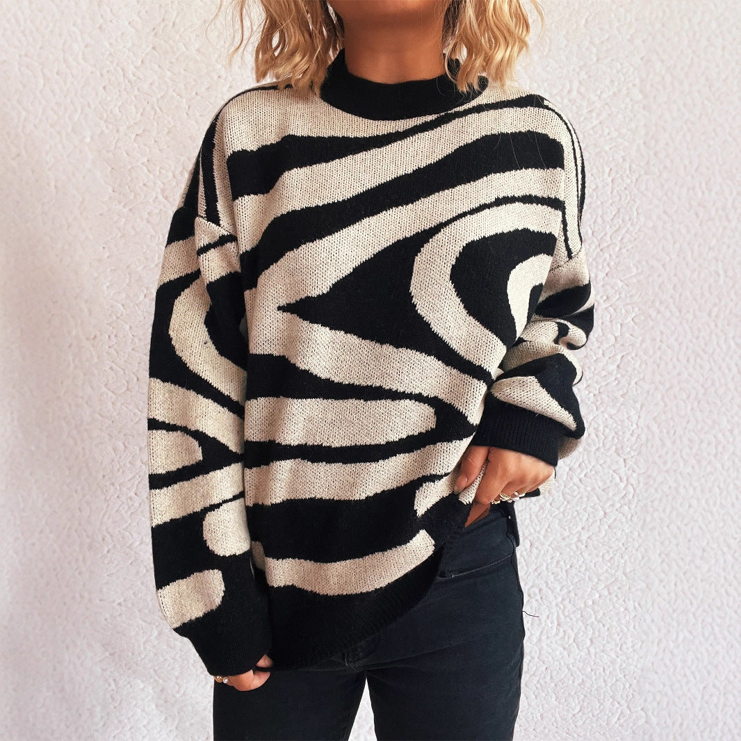 Damen Oversized-Pullover Zebra-Muster Kuschelfleece Grau