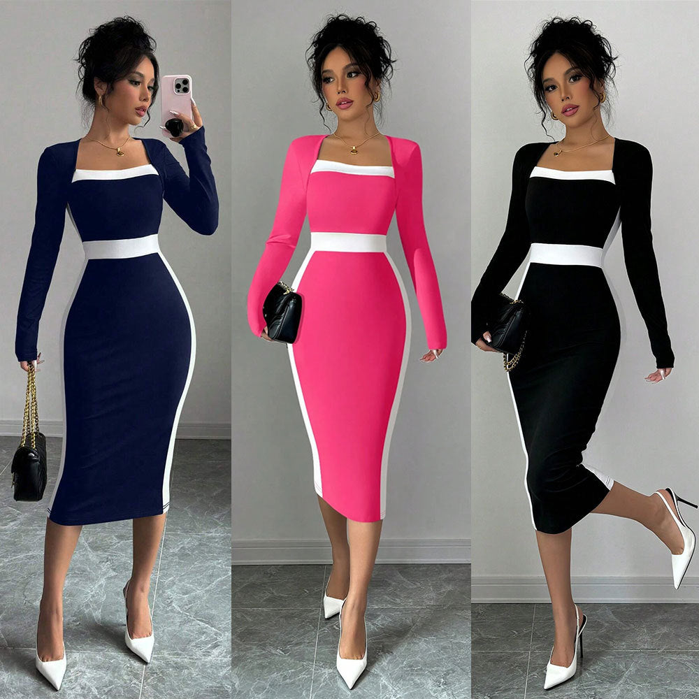 Damen Midi-Kleid Figurbetont Quadratischer Ausschnitt Kontrast Schwarz - Eveloria