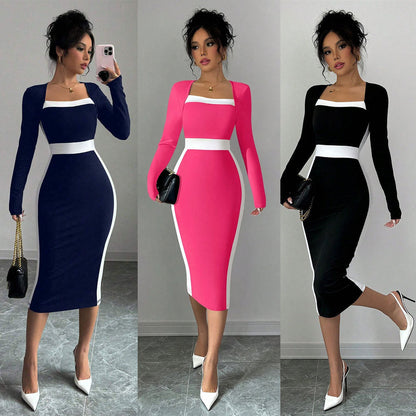 Damen Midi-Kleid Figurbetont Quadratischer Ausschnitt Kontrast Schwarz - Eveloria