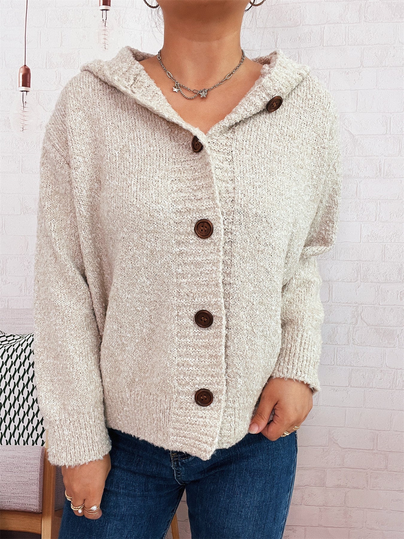 Damen Strickjacke Kapuze Knöpfe Grau Eveloria