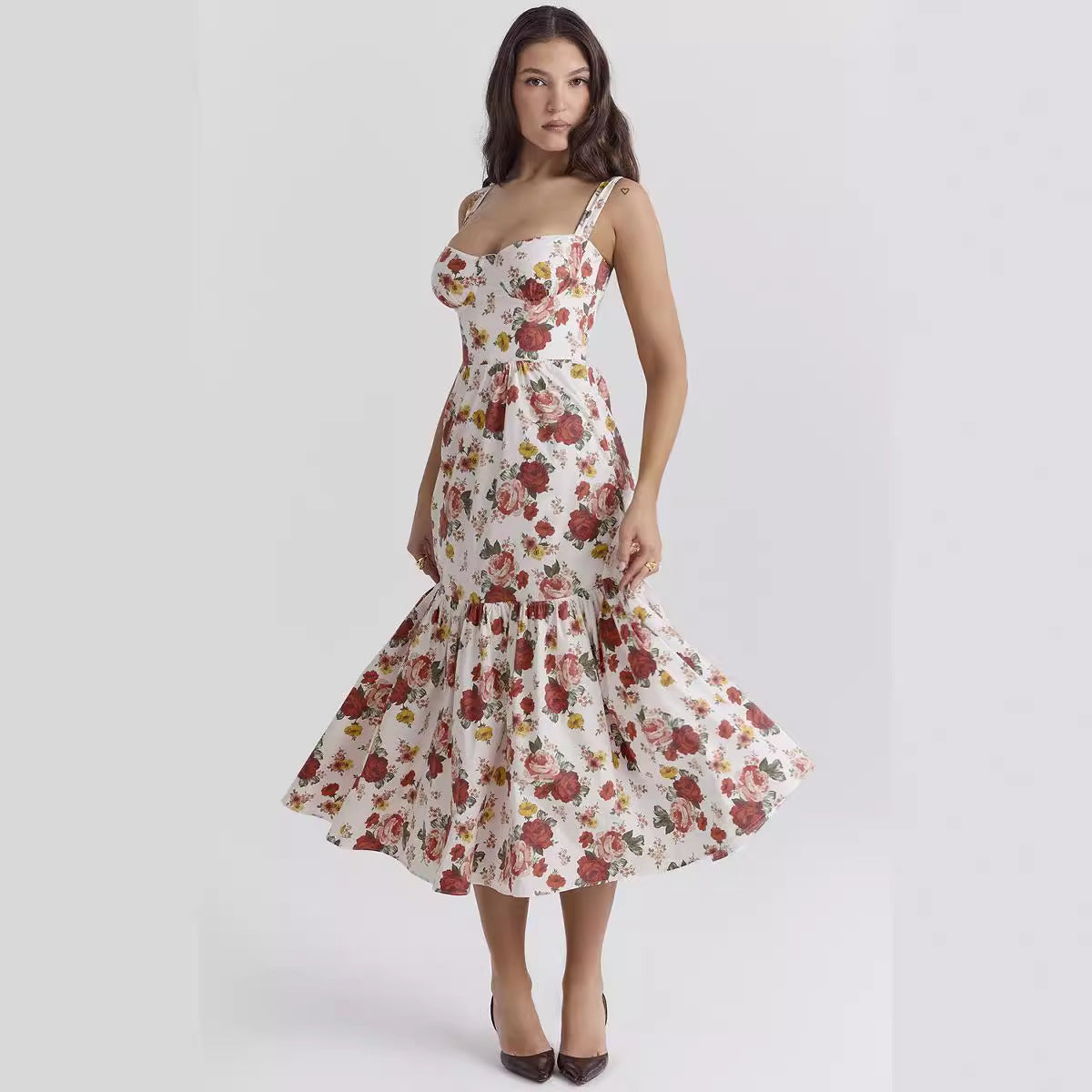 Damen Maxi-Kleid Floralmuster Seitentaschen Eveloria