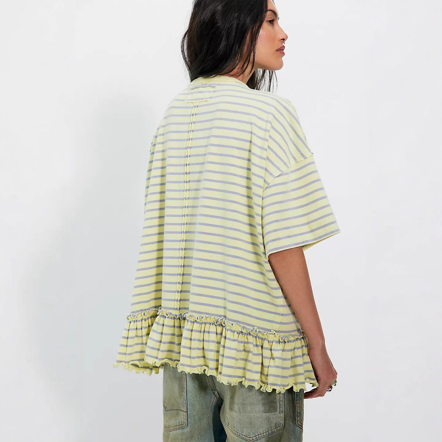 Damen Oversized T-Shirt Streifen Rüschendetail Weiss