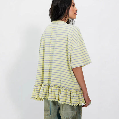 Damen Oversized T-Shirt Streifen Rüschendetail Weiss
