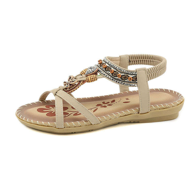 Damen Sandalen Boho Stil Elastikriemen Beige