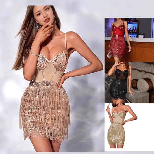 Damen Fransen-Kleid Glitzerndes Bustier-Oberteil Eveloria - Eveloria
