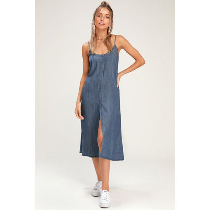 Damen Midi-Kleid Knopfleiste Spagettiträger Eveloria