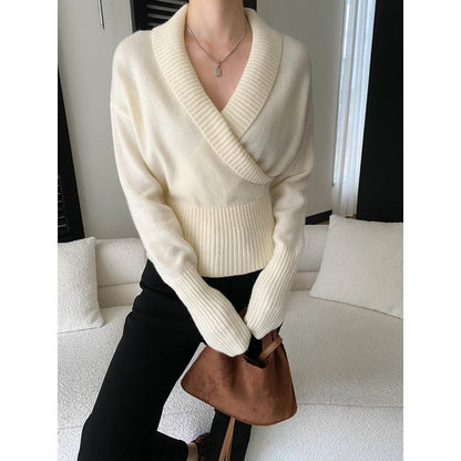 Damen Wickelpullover Breiter Rippbund Eveloria