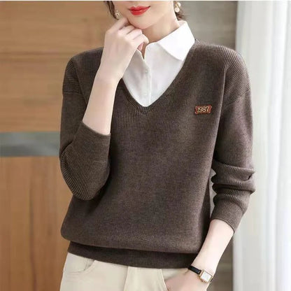 Damen Pullover V-Ausschnitt Hemdkragen Eveloria