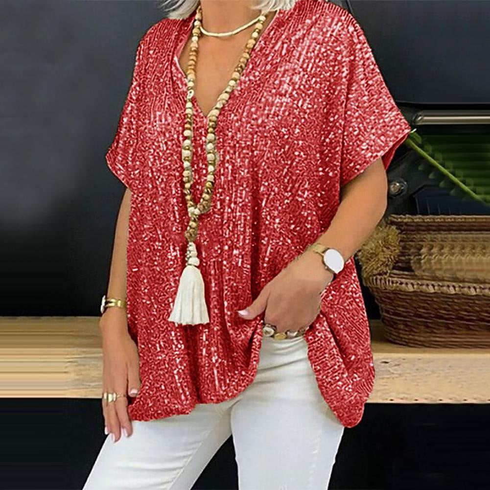 Damen Paillettentop Lässig V-Ausschnitt Glitzernd