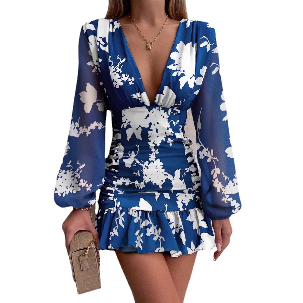 Damen Minikleid mit V-Ausschnitt und Puffärmeln schimmernd Eveloria