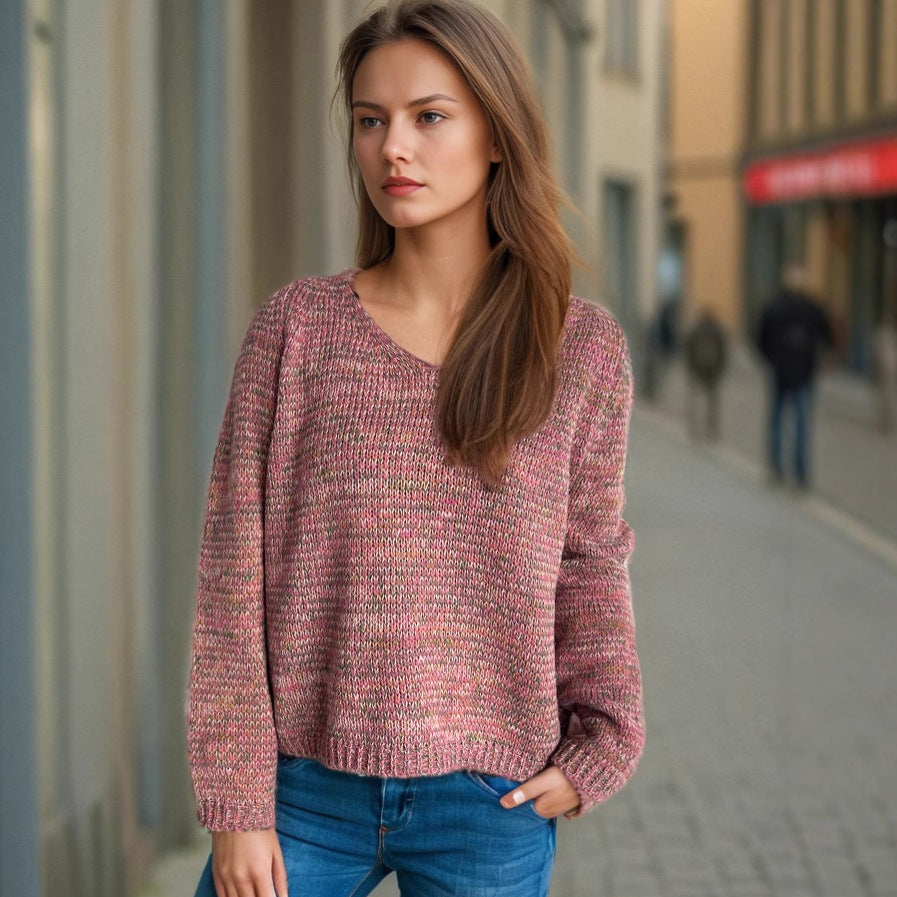 Damen Pullover V-Ausschnitt mit Strukturmuster Eveloria - Eveloria